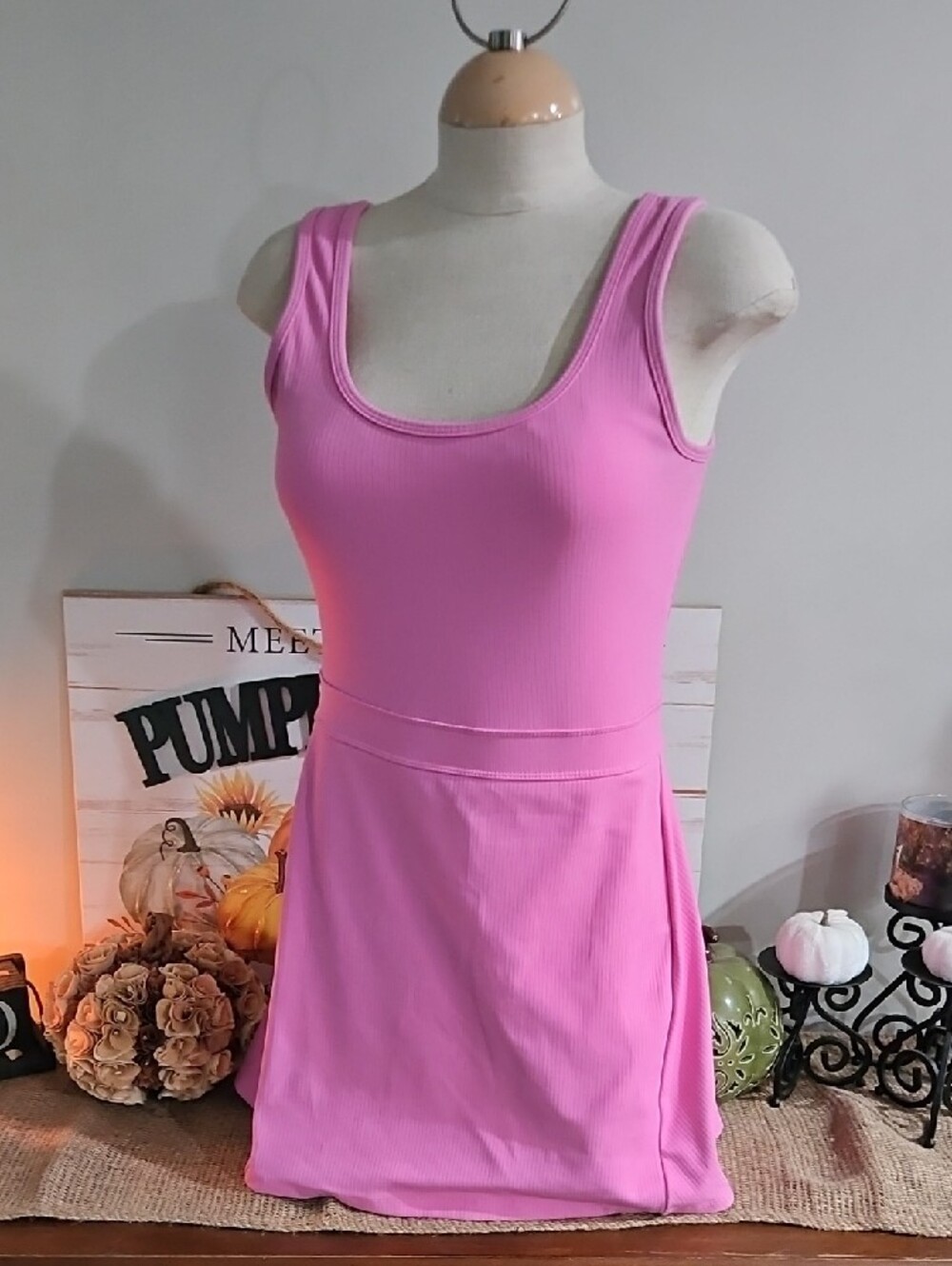 Fabletics Bright Pink Ribbed Scoop-Neck Mini Dress Size Small Tennis Dress - Picture 3 of 9